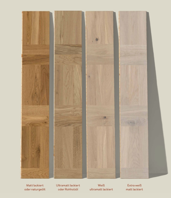 Sechs verschiedene Oberflächen stehen zur Auswahl Vier Parkettmuster zeigen die sechs verschiedenen Oberflächen-Varianten